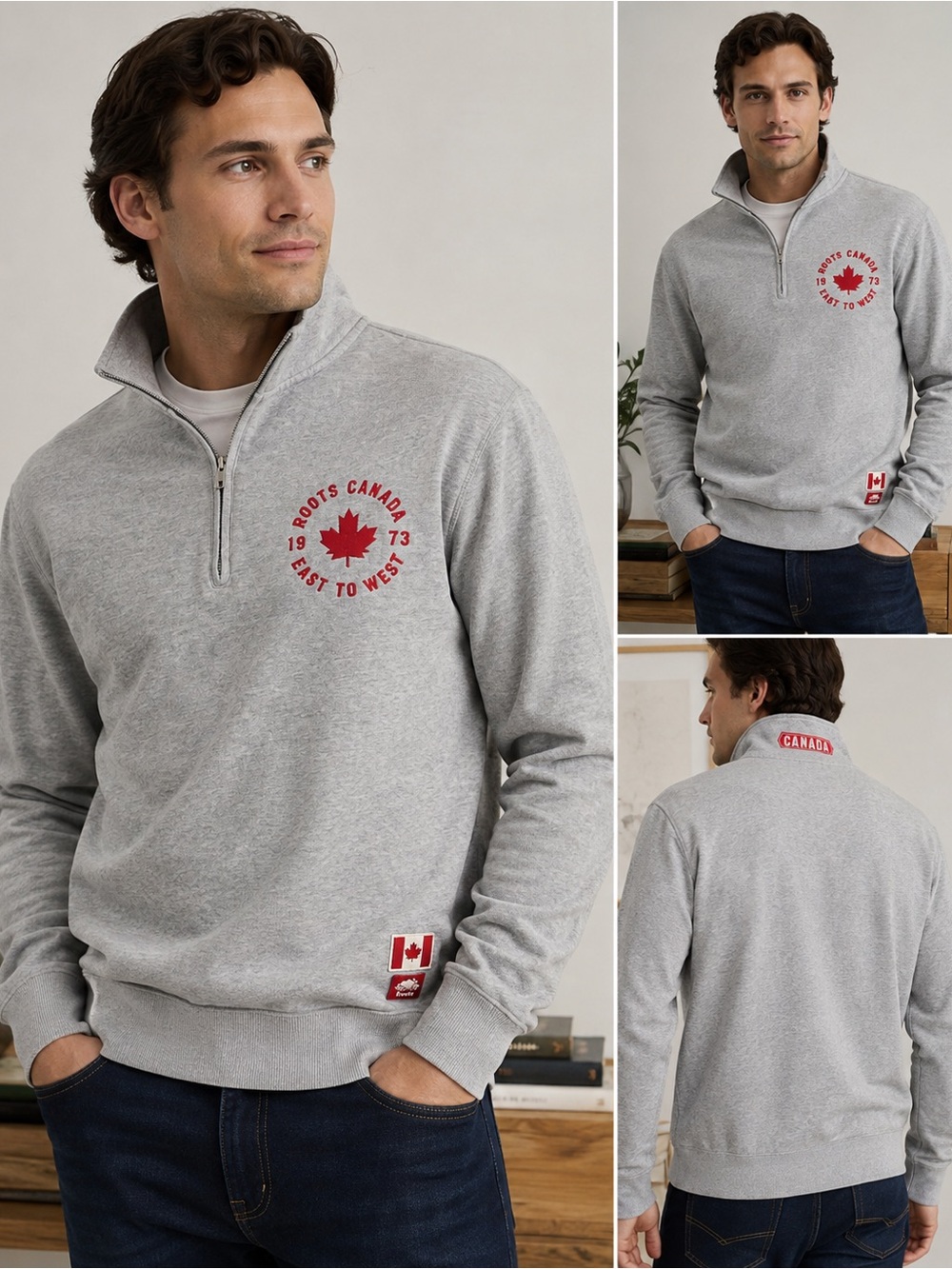 Roots Light Gray Quarter‑Zip Sweatshirt with Red Canadian Crest 100% cotton